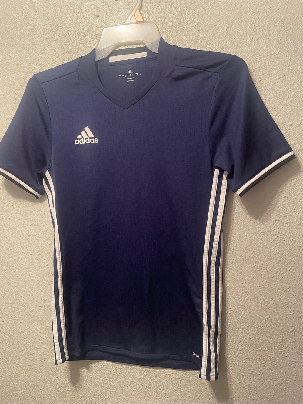 adidas Men’s Dark Blue Short-Sleeve Training Jersey with White Stripes shirt